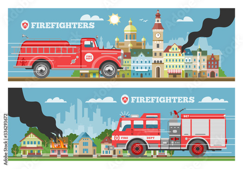 Fire truck rescue engine transportation, firefighter emergency cars in cityspace buldings banners set vector illustrations. Firetrucks transport with ladder, alarm siren, 911 service.