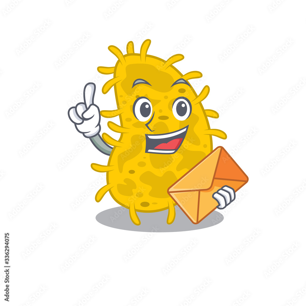 Fototapeta premium Happy bacteria spirilla mascot design concept with brown envelope