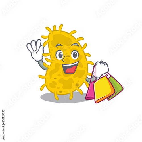 Rich and famous bacteria spirilla cartoon character holding shopping bags