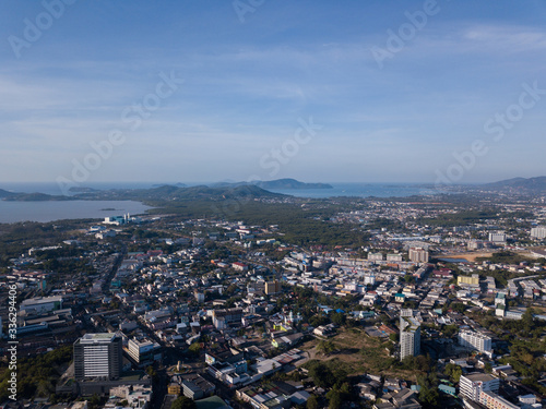 Wallpaper Mural aerial view of the city around the picturesque mountains at sunrise Torontodigital.ca