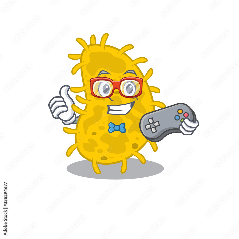Mascot design concept of bacteria spirilla gamer using controller