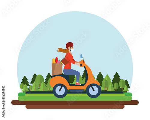 woman in motorcycle using face mask transport groceries © Jemastock