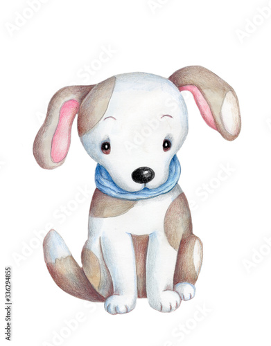 Watercolor hand drawn illustration of cute cartoon white and spots dog, puppy. Isolated.