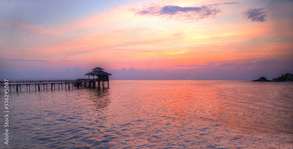 Panorama of Romantic Tropical Sunset on Bintan Island, Indonesia