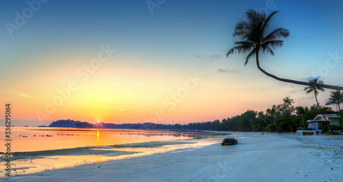 Panorama of Golden Tropical Beach Sunrise on Bintan Island, Indonesia