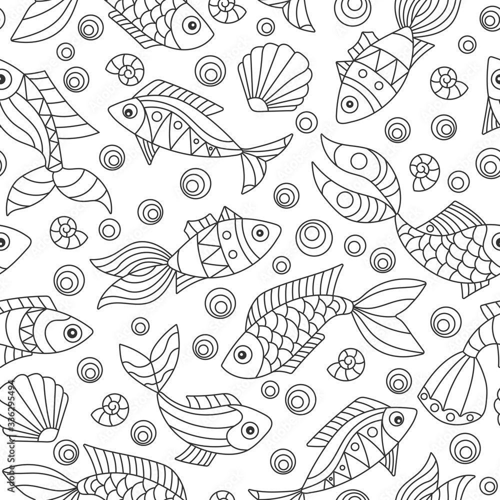 Fototapeta premium Seamless pattern on a marine theme with fish and shells, dark contour fishes on a white background