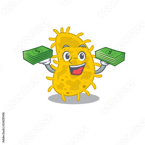 A wealthy bacteria spirilla cartoon character having money on hands