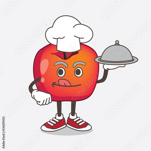 Crab Apple cartoon mascot character as a Chef with food on tray ready to serve