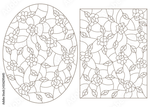 Set contour illustrations in the stained glass style, abstract flowers of roses , dark outline on a white background