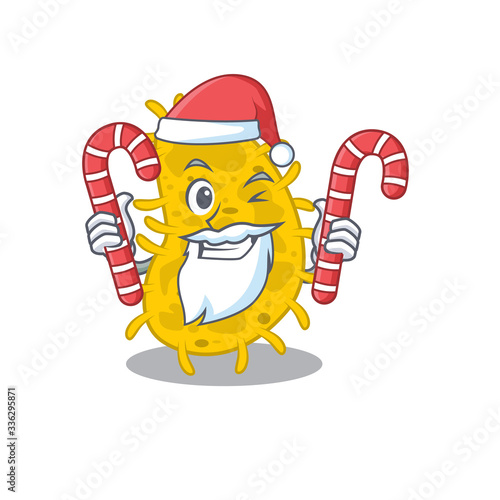 Friendly bacteria spirilla in Santa Cartoon character holds Christmas candies