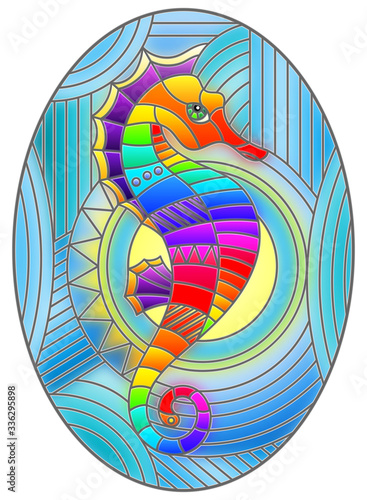 Illustration in stained glass style with fabulous abstract fish seahorse, rainbow fish on blue background, oval image