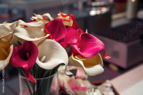 Bouquet of fresh callas in a vase. Beautiful fresh multicolored artificial calla flowers.