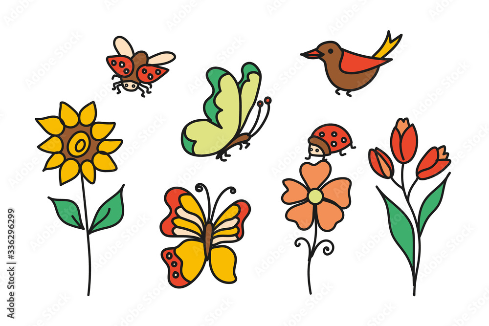 Set of flowers, ladybug, butterfly and bird simple. Colored illustration on a white background.