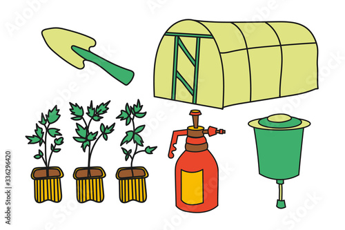 Simplified colored vector set illustration of a greenhous, seedlings, spray bottle, washbasin and small shovel on a white background.
