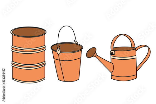 Set of colored watering can, bucket and metal barrel isolated on a white background.