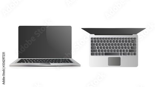 Vector realistic illustration of an open laptop. Laptop view straight and top. Isolated on a white background.
