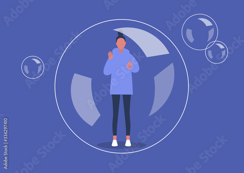 Social distancing, coronavirus quarantine, young female character placed in a soap bubble