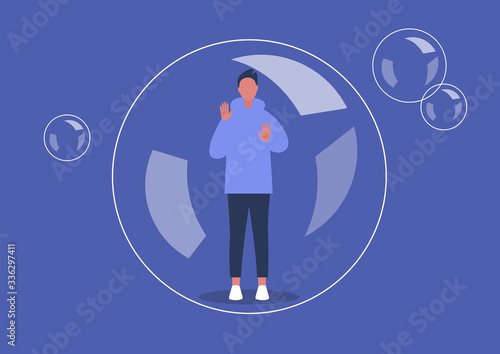 Social distancing, coronavirus quarantine, young male character placed in a soap bubble