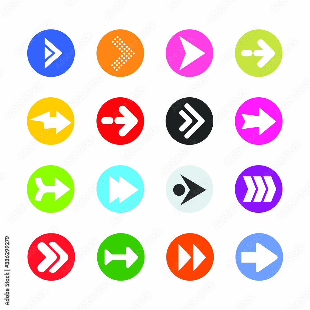 Arrow sign icon set. Simple circle shape internet button on gray background. Contemporary modern style. Arrow sign icon set. Simple circle shape internet button on gray background. Contemporary modern style.