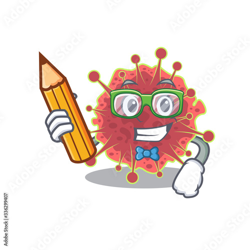 A brainy student coronaviridae cartoon character with pencil and glasses