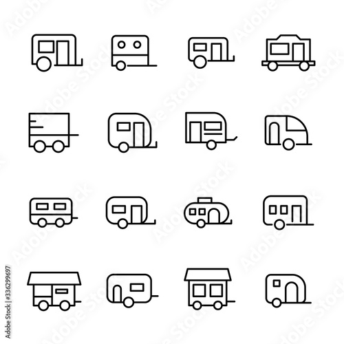 Set of caravan related vector line icons.