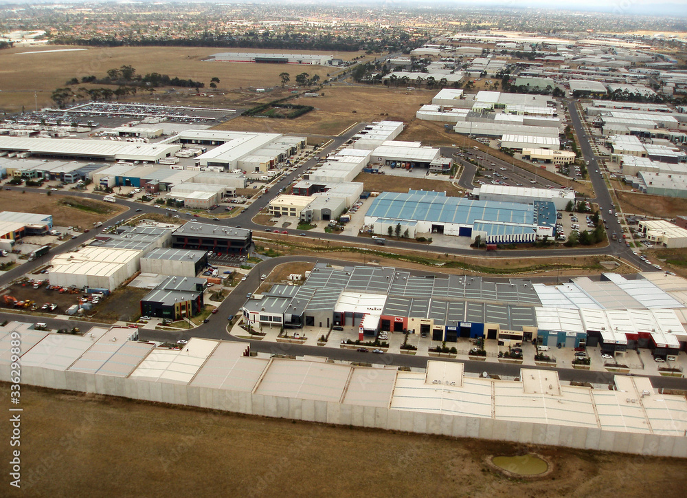 Aerial view of large industrial warehouse complex
