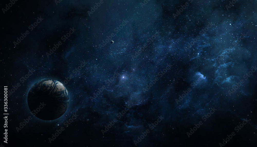 abstract space illustration, 3d image, dark planet in space and the shining of stars in the nebula