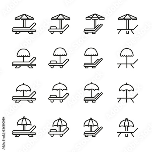 Set of sunbed related vector line icons.