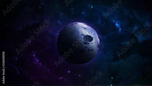 abstract space illustration, 3d image, purple moon in space and shining stars in the nebula