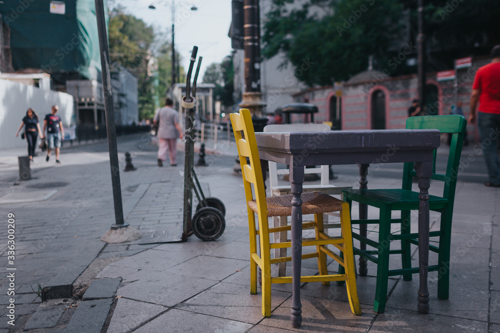 Ancient streets of Istanbul. Outdoor table and chairs Ancient streets of Istanbul. Outdoor table and chairs
