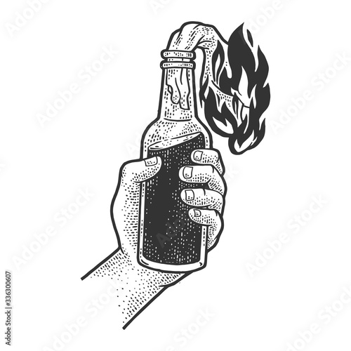 Molotov cocktail petrol gasoline bomb fire bottle sketch engraving vector illustration. T-shirt apparel print design. Scratch board imitation. Black and white hand drawn image.
