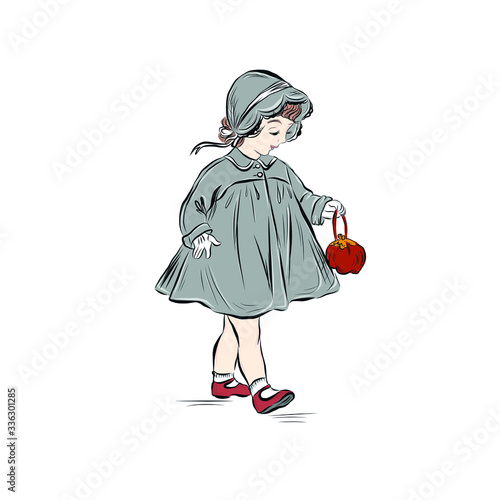 Little girl with bag dressed in vintage style dress ad hat on walk.