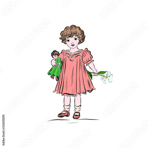 Girl in orange dress hugs a doll and holding a flower. Cute baby. Happy childhood. Hand drawn vintage lady. 