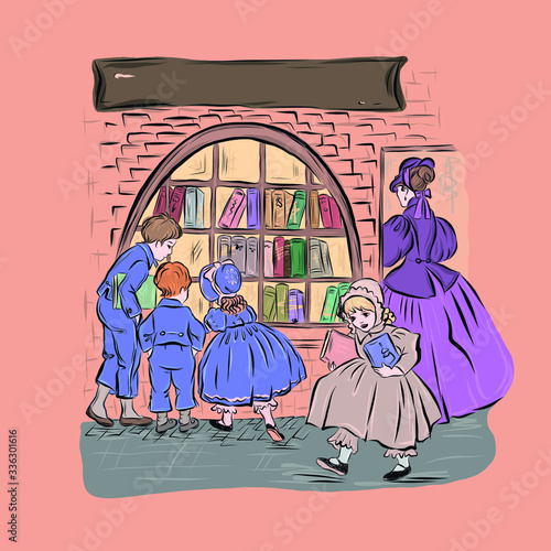 Mom with children at the bookstore look in the window and choose books. People in vintage style from the nineteenth century. 