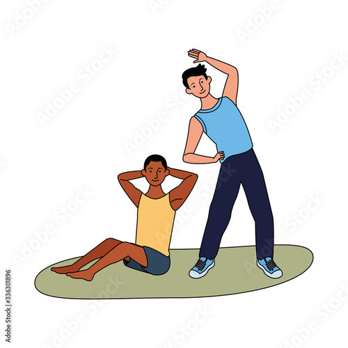 interracial men athletes practicing exercise characters