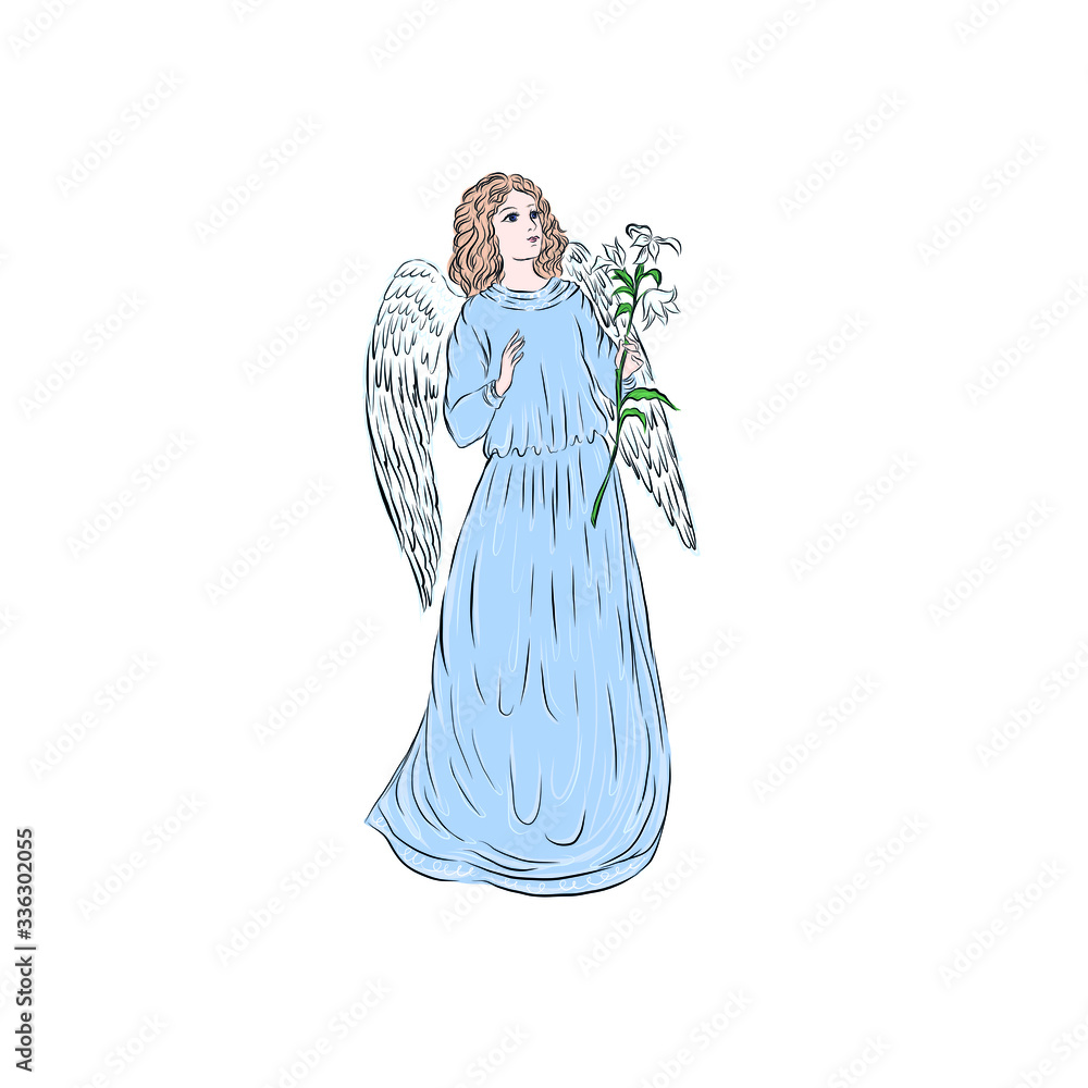 Angel. Religion human figure with wings, divine symbol. Hand drawn decor for Easter, Christmas and other religious holidays