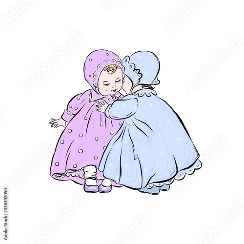 Cute twins. Newborns brother and sister in blue and lilac clothes. Couple children hug. Hand drawn vintage kids. 