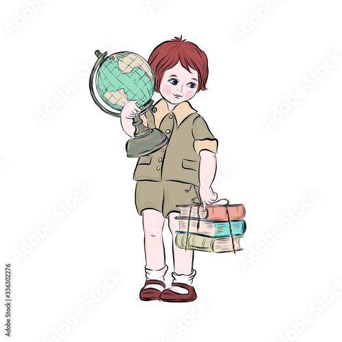 Student holds globe and books. Clever boy. Go to school. 