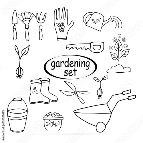 Doodle gardening equipment icon isolated on white. Outline gardening. Sketch vactor stock illustration