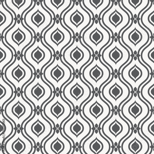 Vector pattern, repeating S-like curved linear shape decorating with abstract small flowers, ogee styles. Pattern is clean for fabric, printing, wallpaper. Pattern is on swatches panel