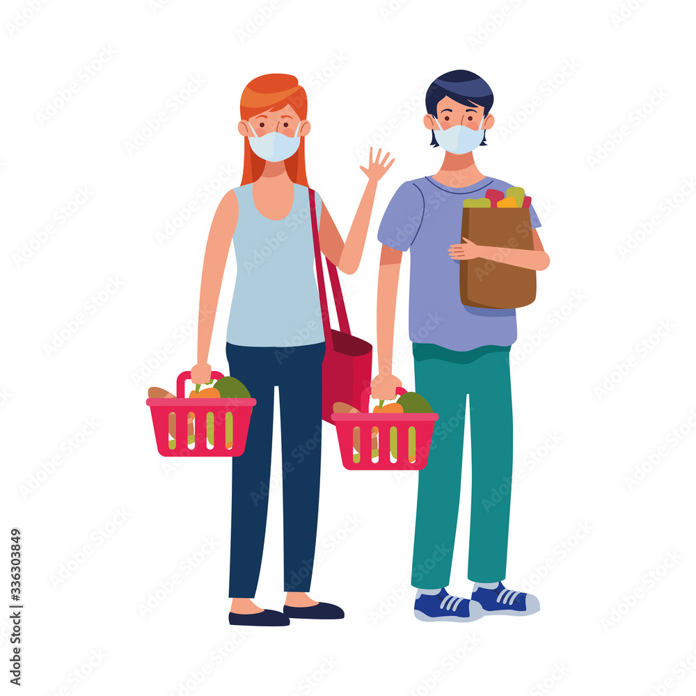 couple using face masks in supermarket