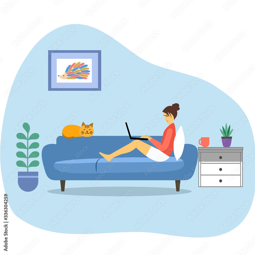 A woman working from home concept vector illustration in side view. Freelancer character working at home with laptop sitting in cozy sofa. Home office. Remote work. A woman working from home concept vector illustration in side view. Freelancer character working at home with laptop sitting in cozy sofa. Home office. Remote work.