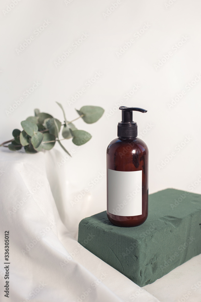 Body lotion layout on white background, minimalistic, spare place on sticker