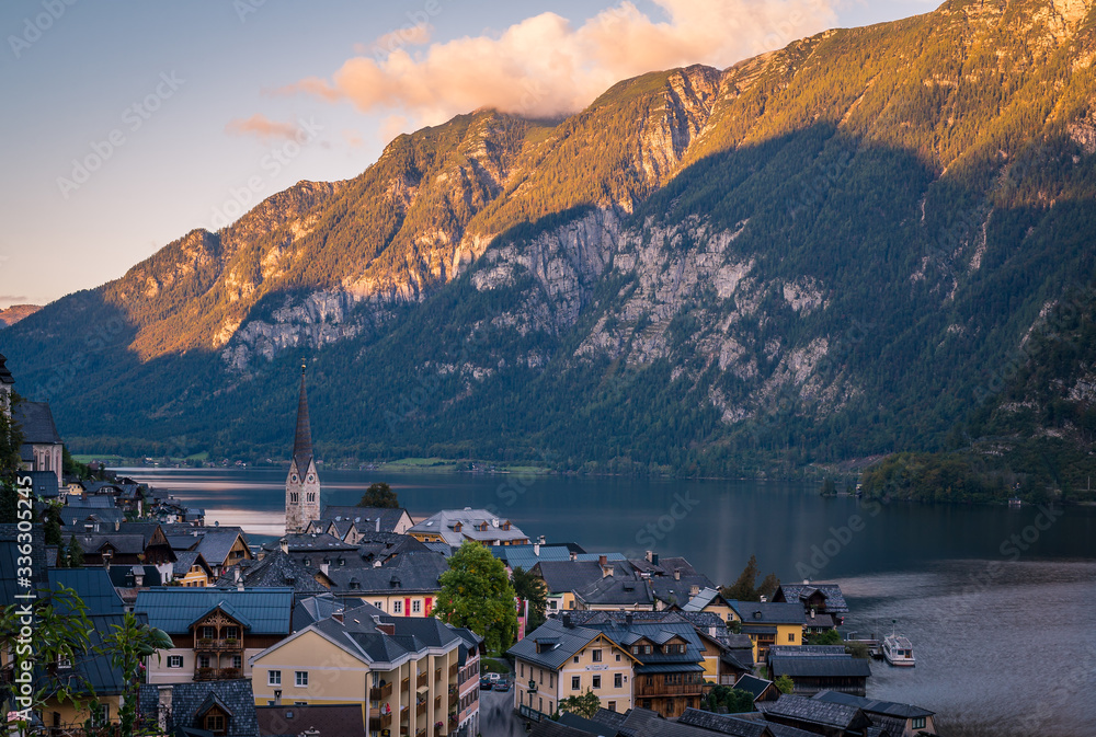 Looking down on the beautiful village of Hallstatt with the surrounding lake in Austria, Europe