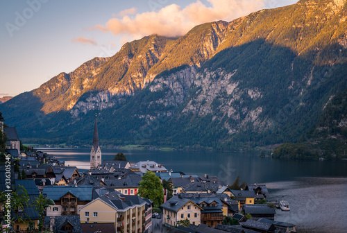 Looking down on the beautiful village of Hallstatt with the surrounding lake in Austria, Europe