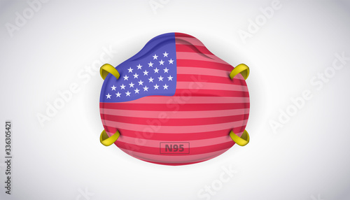 n95 face mask protection with USA America flag safety for novel Coronavirus 2019-nCov. wuhan corona virus disease coronavirus quarantine concept. Perfect for banner, background. Vector