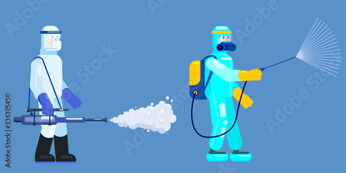 Mans edical scientists in chemical protection suit disinfects spray to cleaning and disinfect virus Covid-19