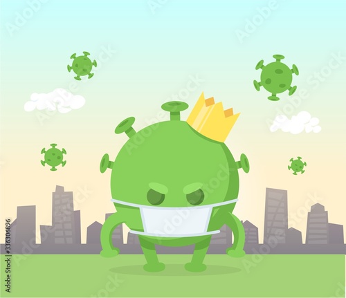 Crowned green coronavirus cartoon monster character in surgical mask on summer city background with small viruses flying around. Colorful flat vector illustration.