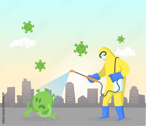 Man wearing yellow protection costume sprays disinfectant on green virus running away. Quarantine, COVID-19 world outbreak. Funny colorful flat vector illustration, horizontal.