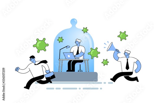 Man in office suit feeling protected working from home under a glass dome to avoid coronavirus danger while people running around panicking. Flat vector illustration, isolated on white background.